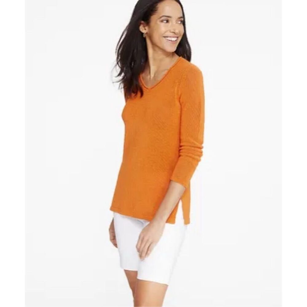 J. McLaughlin Callum Havana Knit Sweater XS Orange V-Neck Coastal Long Sleeve